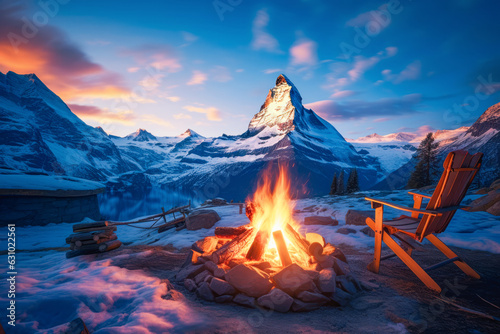Cozy scene: Mountains, a lake, and a crackling fire create a picturesque view.