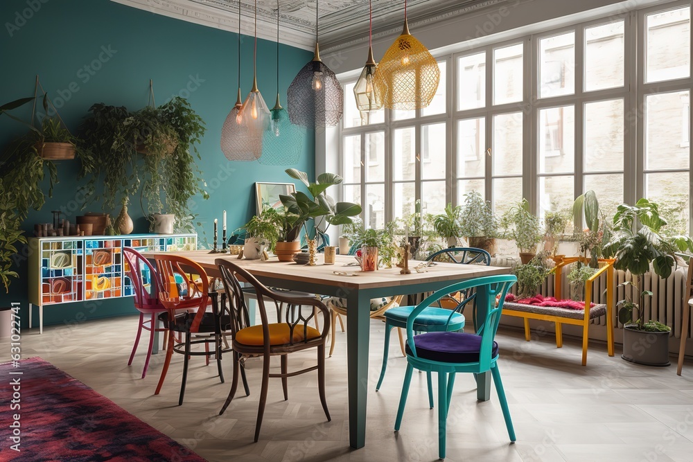 A vibrant and eclectic dining room with colorful mismatched chairs, a statement chandelier. Generative AI
