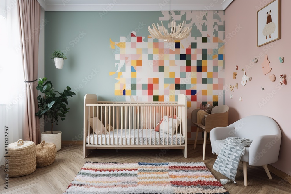 crib in cozy baby room, surrounded by colorful and playful decor. Generative AI crib in cozy baby room, surrounded by colorful and playful decor. Generative AI