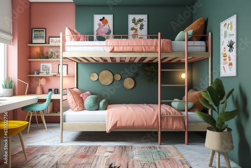 Playful and colorful kids' bedroom with bunk beds and patterned wallpaper. Generative AI