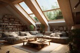 A cozy attic  living room with a comfortable. Generative AI