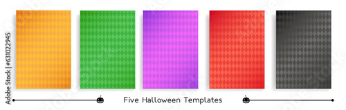 Five Halloween vertical templates, single rhombus patterns in traditional Halloween colors, group of vector square backgrounds.