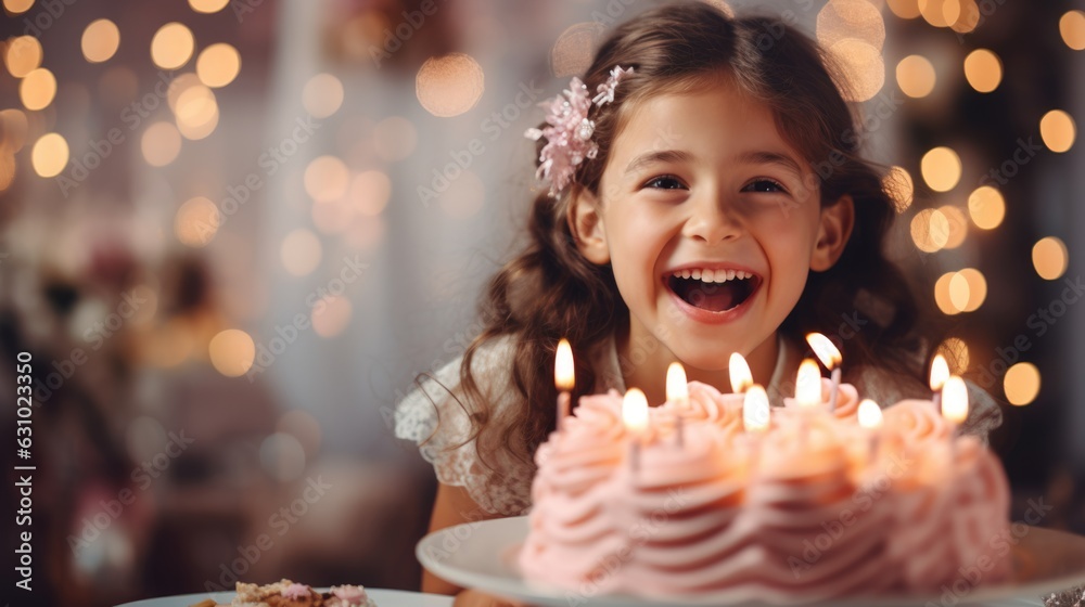 young sweet and cute Caucasian girl with birthday cake on her birthday. 