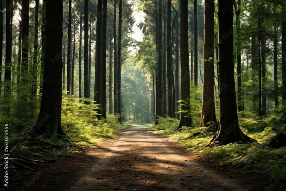  Row Of Tall Trees In a Serene Forest, Generative AI