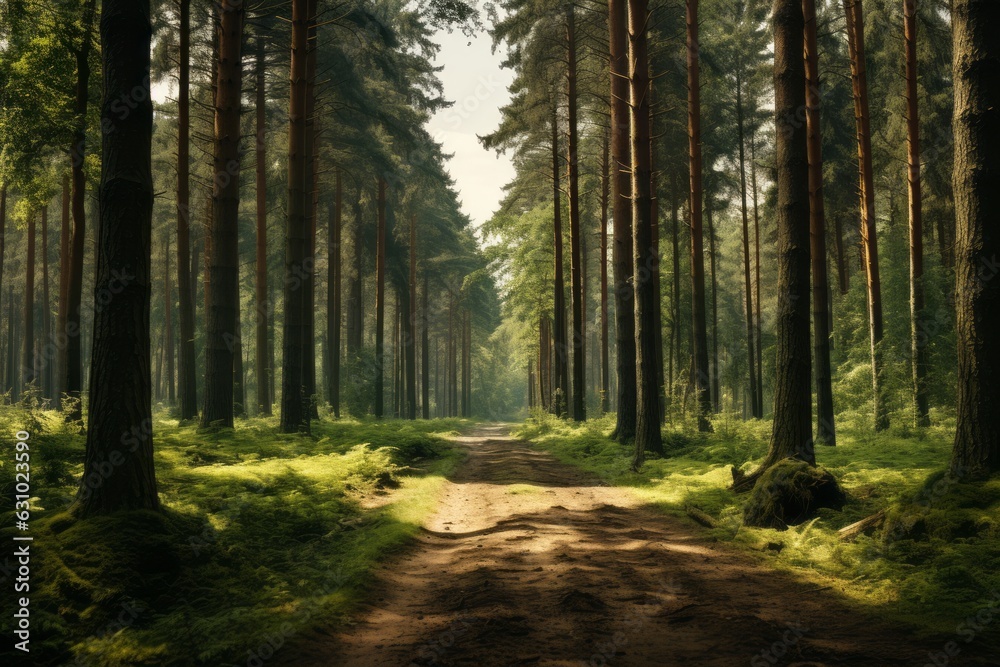 Fototapeta premium Row Of Tall Trees In a Serene Forest, Generative AI