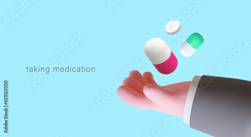 3d realistic hand holding different pills. Time to take medicine. Medical poster, advertising campaign for private clinic. Pharmacy drugs concept. Vector illustration