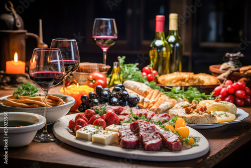 A sumptuous dinner setting at a gourmet restaurant. Red wine complements the delectable meal on the elegant table, featuring appetizers, cheese, and meat.