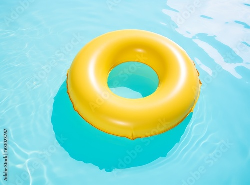 A blue bottom swimming pool with blue water below a large yellow rafting in t...