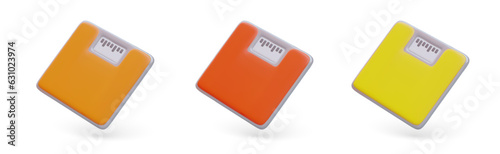 Set of floor scales in different colors. Vector icons for application, website. Weight change, control. Counting calories, measuring changes. Isolated illustrations in cartoon style