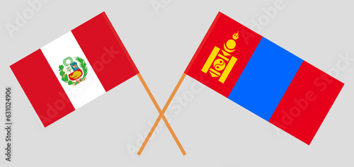 Crossed flags of Peru and Mongolia. Official colors. Correct proportion