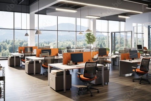 Open office layout with flexible workstations, encouraging spontaneous interactions and collaboration among team members - Generative AI