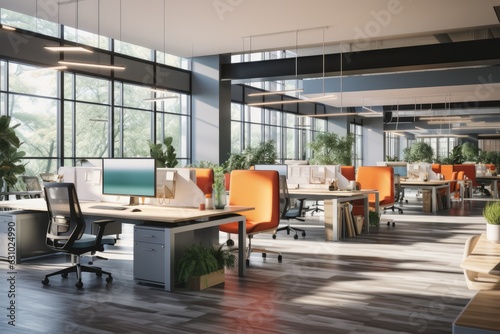 Open office layout with flexible workstations, encouraging spontaneous interactions and collaboration among team members - Generative AI