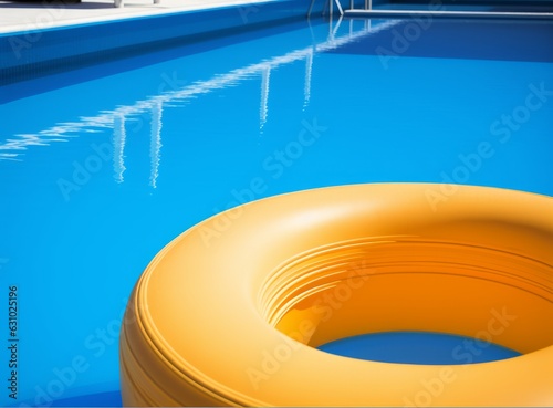 A blue bottom swimming pool with blue water below a large yellow rafting in t...