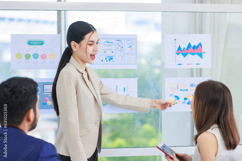 Obraz premium Millennial Asian professional successful businesswoman lecturer presenter in formal wears standing using pencil pointing presenting infographic paperworks documents on glass board in meeting room