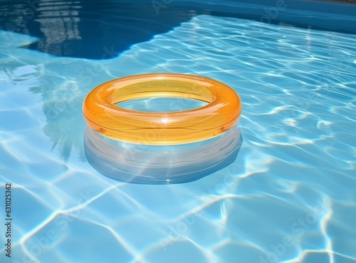 A blue bottom swimming pool with blue water below a large yellow rafting in t...