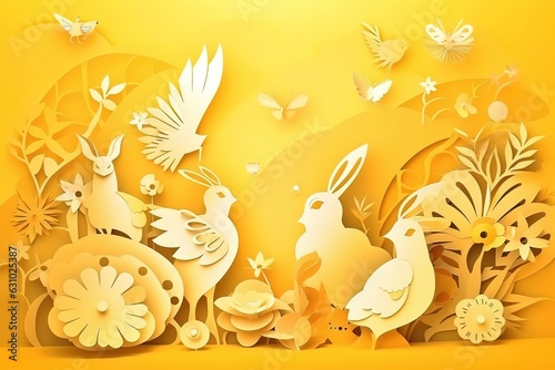 paper illustration of animals and birds in yellow color with plants