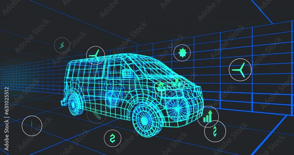 Animation of multiple digital icons over 3d van model moving in seamless pattern in a tunnel Animation of multiple digital icons over 3d van model moving in seamless pattern in a tunnel