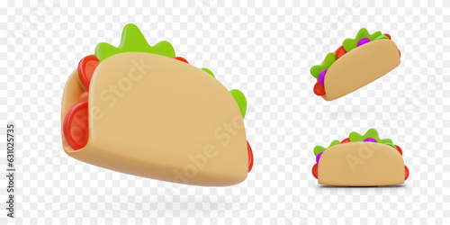 Collection of realistic tacos with vegetarian filling. Isolated color vector image in cartoon style. Hot Mexican cuisine. Traditional fast food. Dish that is eaten with hands