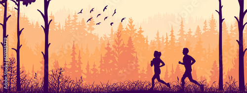 Horizontal landscape banner. Silhouette of boy and girl jogging in forest. Orange illustration. Wild trees. 
