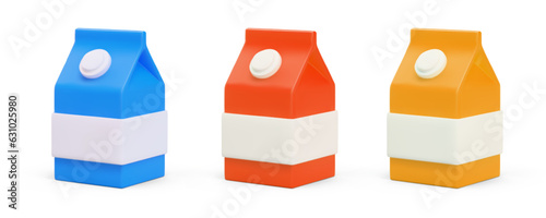 Set of milk, cream packages in different colors. Blue, red, orange disposable liquid box. Isolated icons on white background. Vector mockup collection for advertising, web design, games