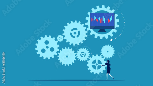 Businesswoman connects gears to form a stock graph. Investment concept. vector © Nastudio