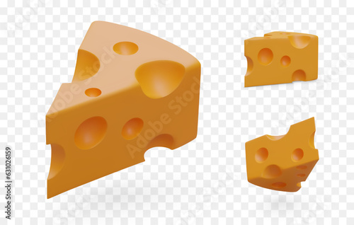 Set of isolated 3D images of cheese with holes. Cut off triangular piece of Swiss cheese. Dairy healthy farm product. Slice hard cheese. Lactose natural food