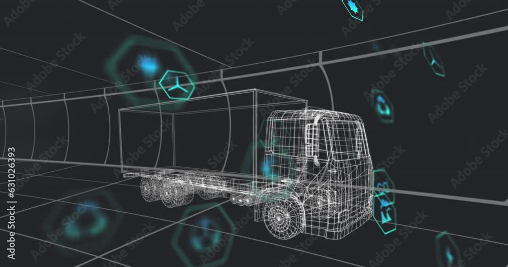 Animation of multiple digital icons over 3d truck model moving in seamless pattern in a tunnel Animation of multiple digital icons over 3d truck model moving in seamless pattern in a tunnel
