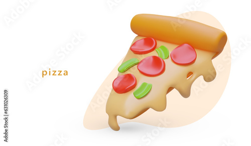 Concept with realistic illustration for pizzeria. Ordering hot dishes. Piece with crispy crust and melted cheese. Delivery of fresh pizza. Food for lunch and dinner. Image on colored background