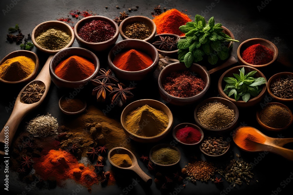 A captivating arrangement of aromatic herbs and spices for cooking is beautifully showcased against a dark background