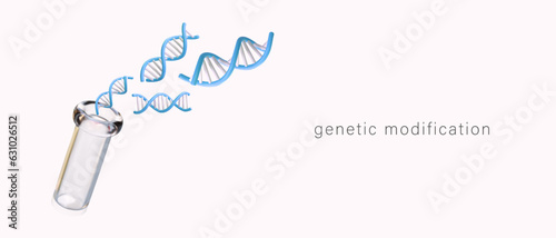 DNA research concept. Genetic modification concept. Poster with 3d blue DNA structure and flask. Medical or clinical research and tests. Vector illustration with place for text