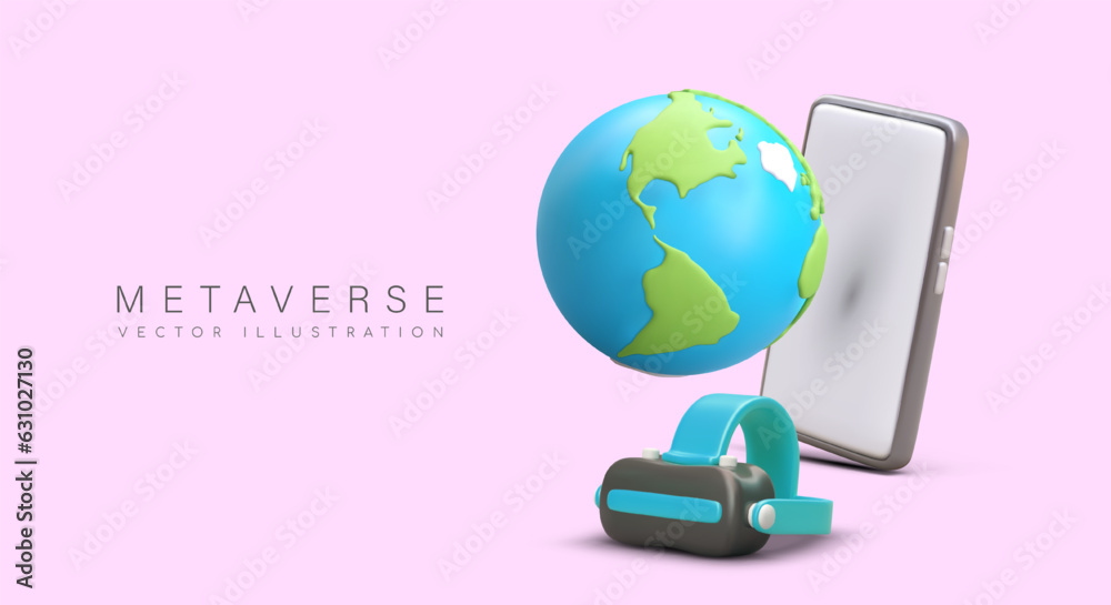 Cyberworld, metaverse. Virtual journeys, education and entertainment. Innovative technologies. Phone applications for games of new generation. Banner with realistic illustration, place for text