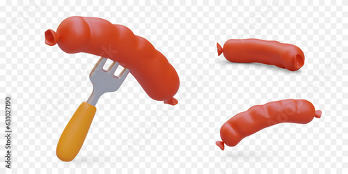 Set of realistic sausage images. Chipolata on fork. Isolated images, view from different sides. Icons for sausage producers. Pork barbeque collection. Meat dishes