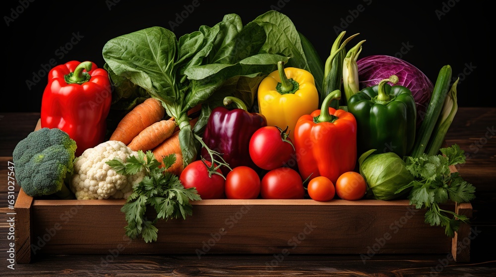 wooden box with fresh vegetables. A new crop. Generative AI