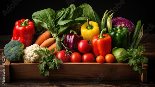 wooden box with fresh vegetables. A new crop. Generative AI