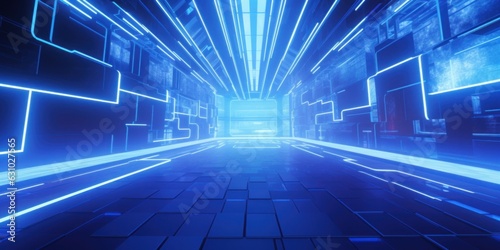 Blue futuristic sci-fi style corridor or shaft background with exit or goal ahead.Abstract cyber or digital speedway concept. 3D illustration, 3D, Generative AI