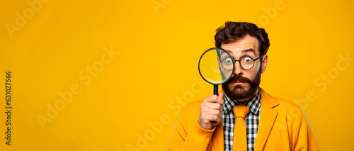 Portrait of funny man looking through magnifying glass searching or investigating something standing in sweater against yellow copy space background.