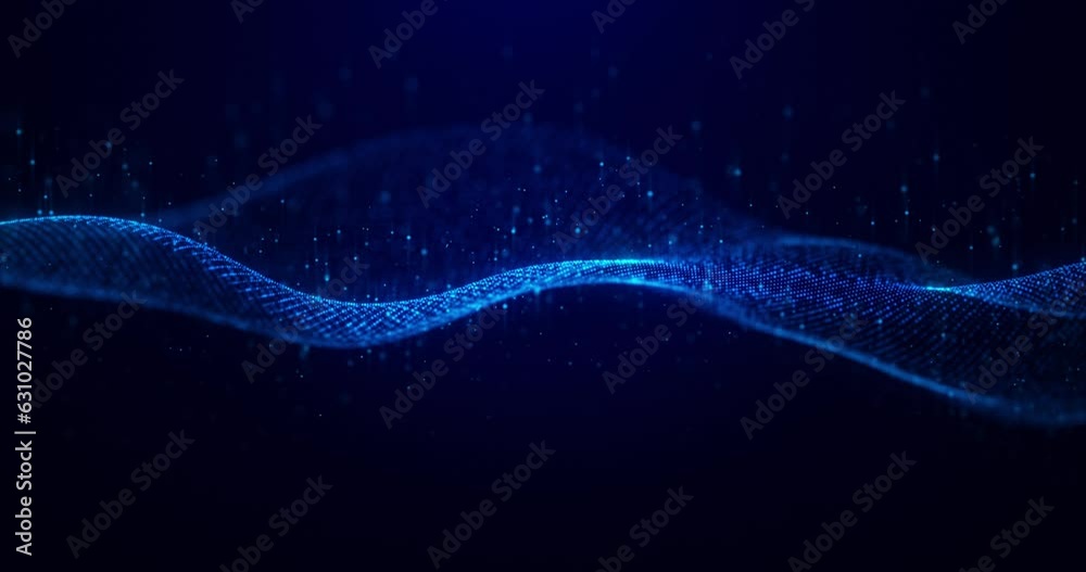 Abstract glowing digital cyber wave made of particles and dots moves on a blue background, big data visualization, futuristic and technological, 3D, 4K, seamless loop.
