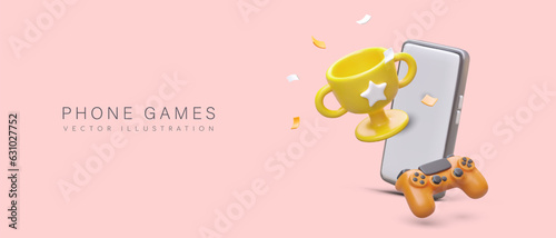 Mobile games. Online championship, prize cup. High quality games of various types in smartphone. Quests, arcades, RPG, simulators, strategies. Poster with floating 3D objects