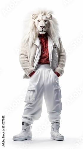 Fashionable Anthropomorphic White Lion Illustration. Majestic and Stylish Character Design. Isolated on Vibrant White Background. King of the Fashion Jungle. Trendy and Unique Concept