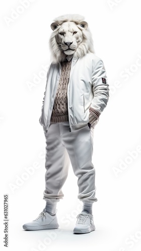 Fashionable Anthropomorphic White Lion Illustration. Majestic and Stylish Character Design. Isolated on Vibrant White Background. King of the Fashion Jungle. Trendy and Unique Concept