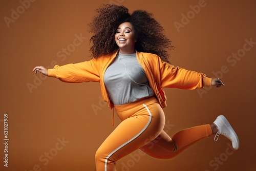 Fit plus size woman dancing and having fun, expressing herself in sport clothing - Generative AI