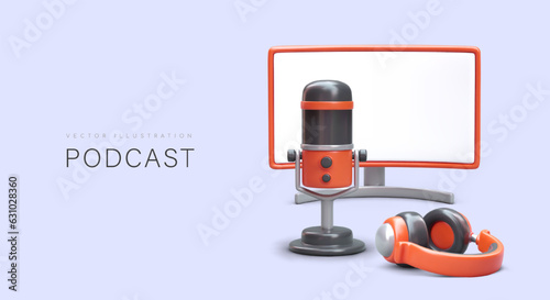 Podcast concept. Realistic equipment for recording interviews, monologues, dialogues. Headphones, microphone, large monitor. Color vector template with place for text
