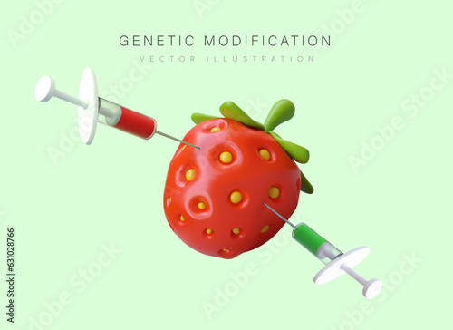 3D strawberry pierced by two syringes with liquid. Artificially changing qualities of natural products. Genetic engineering, GMO. Modification of berries and fruits. Dangerous interference