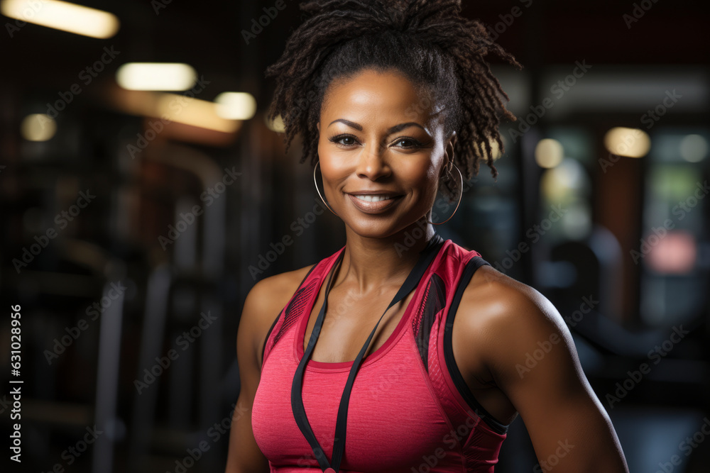 Fototapeta premium Personal trainer in gym, portrait of African- American woman from healthy lifestyle and fitness motivation of strong