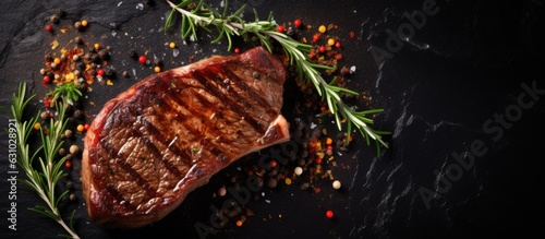 grilled ribeye beef steak seasoned with herbs and spices on a dark table, viewed from the top. There