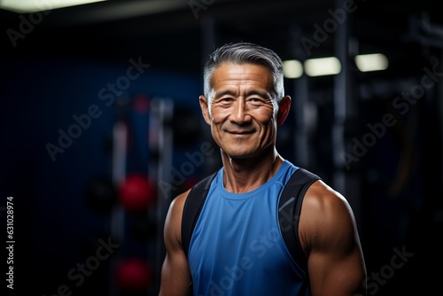 A smiling mature man in the gym wearing a pink T-shirt,