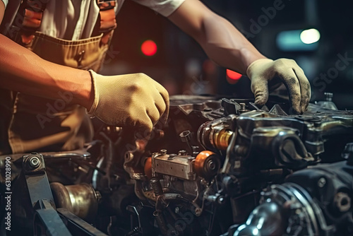 Close-up of mechanic hands repairing car engine in auto repair shop