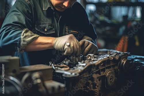 Close-up of mechanic hands repairing car engine in auto repair shop
