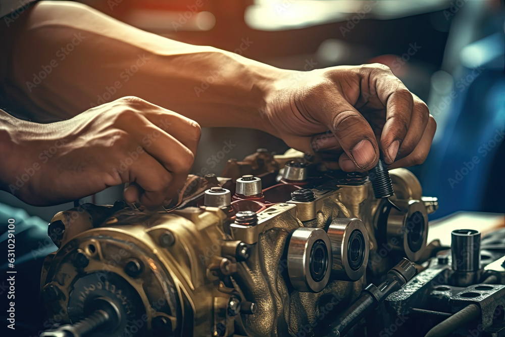 Close-up of mechanic hands repairing car engine in auto repair shop Close-up of mechanic hands repairing car engine in auto repair shop