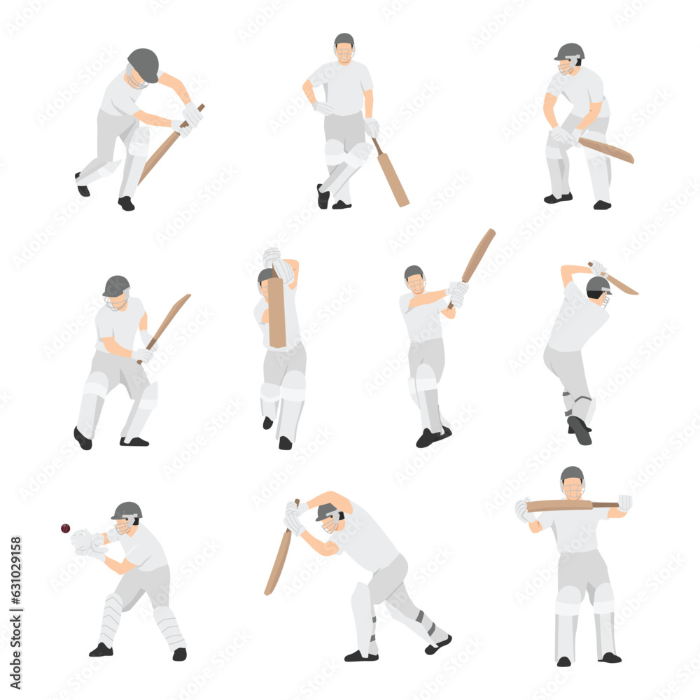 Large collection of silhouettes of cricket player - batsman, bowler & cricket elements. Flat vector illustration isolated on white background Large collection of silhouettes of cricket player - batsman, bowler & cricket elements. Flat vector illustration isolated on white background